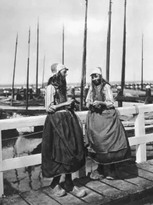 Landing Stage Prints: Two girls on the landing stage, Marken, Netherlands, c1934