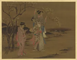 Kakemono Gallery: Two girls and a man under a cherry tree, Edo period, 1615-1868. Creator: Unknown