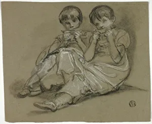 Thomas Jones Barker Prints: Two Girls Playing on Combs (recto); Sketch of Seated Woman with Fragment of Another