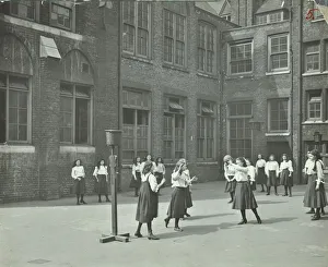 Playground Prints: Girls playing netball in the playground, William Street Girls School, London, 1908