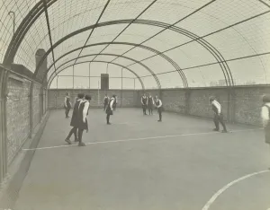 Playground Prints: Girls playing netball on a roof playground, Barrett Street Trade School, London, 1927