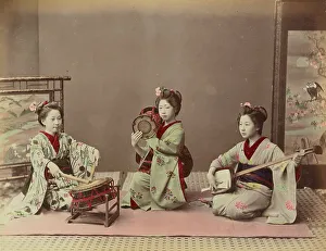 Percussion Instrument Prints: Girls Playing Samisen and Fluya, 1870s-1890s. Creator: Kusakabe Kimbei