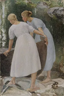 Halonen Pekka Prints: Girls Pushing a Boat, 1925. Creator: Pekka Halonen