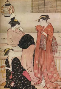 Kiyonaga Prints: Three girls on the veranda of a tea-house overlooking Edo Bay at Shinagawa