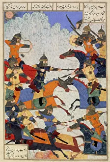 Epic Of Kings Prints: Giv fights Lahhak and Farshidvard, 1494/A.H. 899. Creator: Unknown