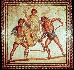 Gladiators in the arena, Roman mosaic, Saarbrucken, Germany