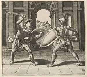Master Of The Gallery: Two gladiators fighting in front of an arch, 1530-60. Creator: Master of the Die