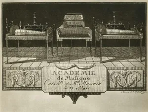 Glass harmonicas and keyboard chimes; engraving from the first half of the nineteenth century