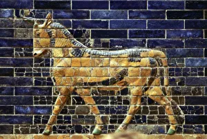Glazed Brick relief of a bull on the Sacred Way leading to the Ishtar Gate, Babylon Glazed Brick relief of a bull on the Sacred Way leading to the Ishtar Gate, Babylon