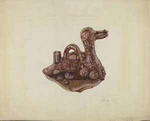 Glazed Pottery Prints: Glazed Pottery Duck Bottle, probably 1938. Creator: Ethel Clarke