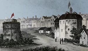 Bankside Gallery: Globe Theatre, Bankside, Southwark (right) and the Bear Garden, c1597 (1825)