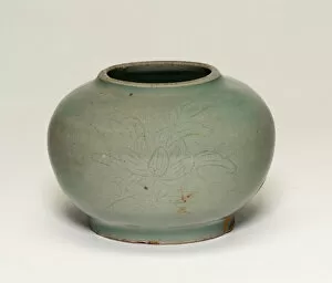 Turquoise Collection: Globular Jar with Stylized Peonies, Korea, Goryeo dynasty (918-1392), early 11th century
