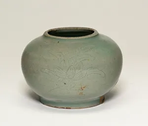 Turquoise Collection: Globular Jar with Stylized Peonies, Korea, Goryeo dynasty (918-1392), early 11th century