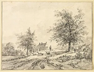 Goatherd Prints: Goatherd, Goats on Road near Carriage and House, n.d. Creator: Bruno van Straaten