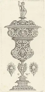 Nurnberger Wechter Der Prints: Goblet with lid surmounted by a Roman soldier, published 1579. Creator: Georg Wechter I