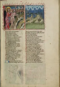 God with Adam and Eve: The First Rain in Paradise; Weltchronik, about 1400-1410. Creator: Unknown