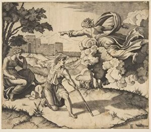 Marco Gallery: God appearing to Isaac; God floating in clouds pointing toward Rebecca seated under