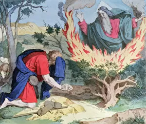 Bassinet Collection: God appears to Moses in a burning bramble, engraving, 1860