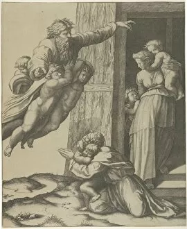 God carried by angels, appearing to Noah and his family, after the Flood, ca. 1513-15. Creator: Marcantonio Raimondi