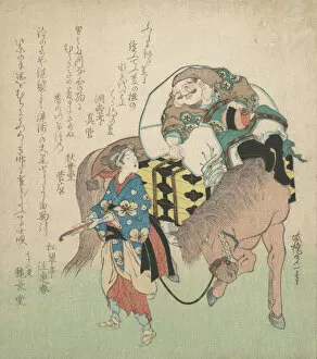 The God of Good Fortune Daikoku, on Horseback, Being Led by an..., probably 1834, year of the horse