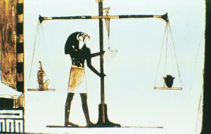 The god Horus weighing the heart of the dead in a balance, Ancient Egyptian, 28th Dynasty The god Horus weighing the heart of the dead in a balance, Ancient Egyptian, 28th Dynasty