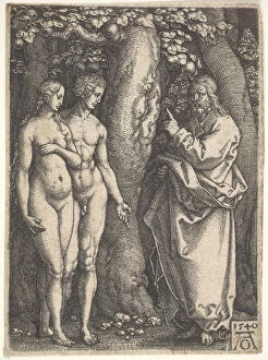 Tree Of Knowledge Collection: God at right forbidding the nude Adam and Eve at left to eat from the tree of knowledge