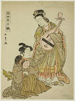 Olive Green Prints: The Goddess Benten Holding a Biwa and a Young Man Holding a Shoulder Drum