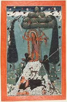 Opaque Watercolour And Gold On Paper Gallery: The Goddess Kali Standing upon a Mountaintop, c. 1730. Creator: Master of the court of Mandi