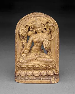 Tibetan Collection: Goddess White Tara with Kneeling Donor at Base, c. 12th century. Creator: Unknown
