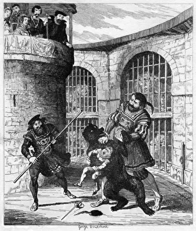 Beefeaters Prints: Gog extricating Xit from the bear in the Lions Tower, 1840. Artist: George Cruikshank