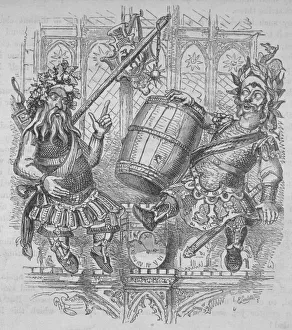 Gog and Magog with a barrel, 1840. Artist: Ebenezer Landells Gog and Magog with a barrel, 1840. Artist: Ebenezer Landells