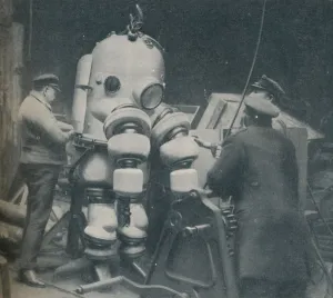 Our Wonderful World Prints: Going Down at Short Notice: A British Diver Preparing To Seek a Submarine at Sea Bottom