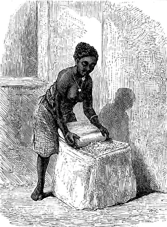 Sweet Corn Prints: The Gold Coast and Ashantee War: woman grinding corn at Accra, 1873. Creator: Unknown