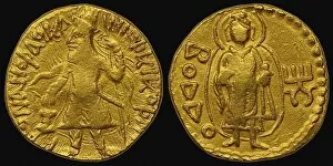 Gold Coin, Kushan. Obverse: Kanishka I. Reverse: in Bactrian script Buddha (boddo). Artist: Numismatic, Ancient Coins