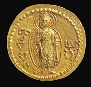 Buddha Prints: Gold Coin, Kushan. Reverse: in Bactrian script Buddha (boddo)