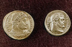 Flavius Valerius Constantinus Prints: Gold coins showing heads of Roman Emperors Constantine the Great and Diocletian