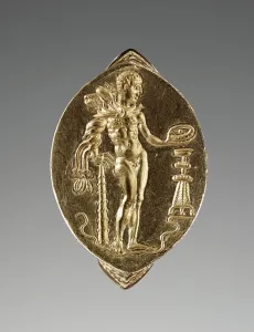 Incense Prints: Gold Ring with Herakles Pouring a Libation, about 400 BC. Creator: Unknown