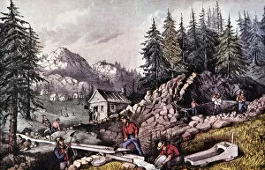 The Gold Rush (1848), gold mine in California, near Sutters Mill, engraving, 1870