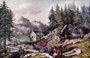 Fever Prints: The Gold Rush (1848), gold mine in California, near Sutters Mill, engraving, 1870