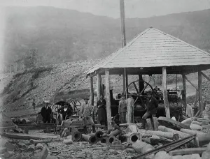 Gold Miner Prints: Gold washing machine on Askold Island, 1865-1871. Creator: VV Lanin