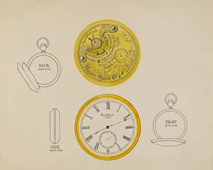 Numeral Prints: Gold Watch and Frame, c. 1936. Creator: Harry G Aberdeen