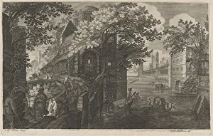 Gillis Sadeler Ii Prints: Gondolas on a River by a Palace, 1600/1615. Creators: Aegidius Sadeler II, Pieter Stevens