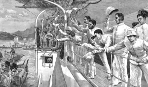 Good-bye to Japan--Homeward bound from the East; H. M.s Audacious leaves Japan, 1890. Creator: Unknown