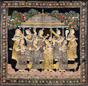 Krishna Prints: Nine Gopis (Pichwai Painting), End of 19th century. Creator: Indische Kunst