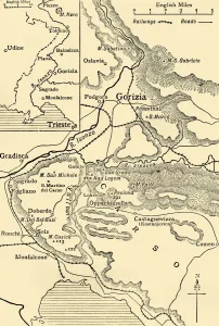 Mumby Frank Arthur Collection: Gorizia and the Carso: map illustrating the Italian advance towards Trieste in 1916, (c1920)