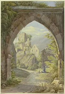 Georg Von Prints: Gothic arch with a view of a castle, 19th century. Creator: Georg von Krieg