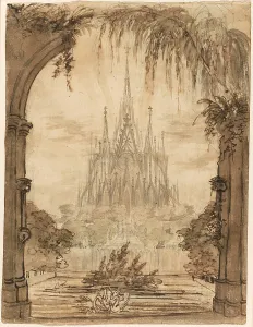 Swans Prints: Gothic Cathedral Behind a Pond with Swans, 1810/15. Creator: Karl Friedrich Schinkel