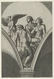 The Three Graces sitting on clouds, cupid at the left, after Raphael's fresco in th... ca. 1517-20