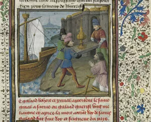 Medieval Illuminated Letter Gallery: The three Grail Knights brings the Holy Grail to the Ship of Solomon, 15th century