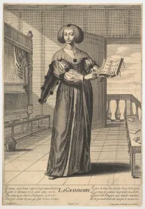 Grammar: a young woman standing in a decorated interior holding an open book in her lef Grammar: a young woman standing in a decorated interior holding an open book in her lef